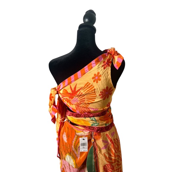 Farm Rio Forest Mixed Scarves Midi Dress XXS One Shoulder Tropical Print NEW - Picture 7 of 9